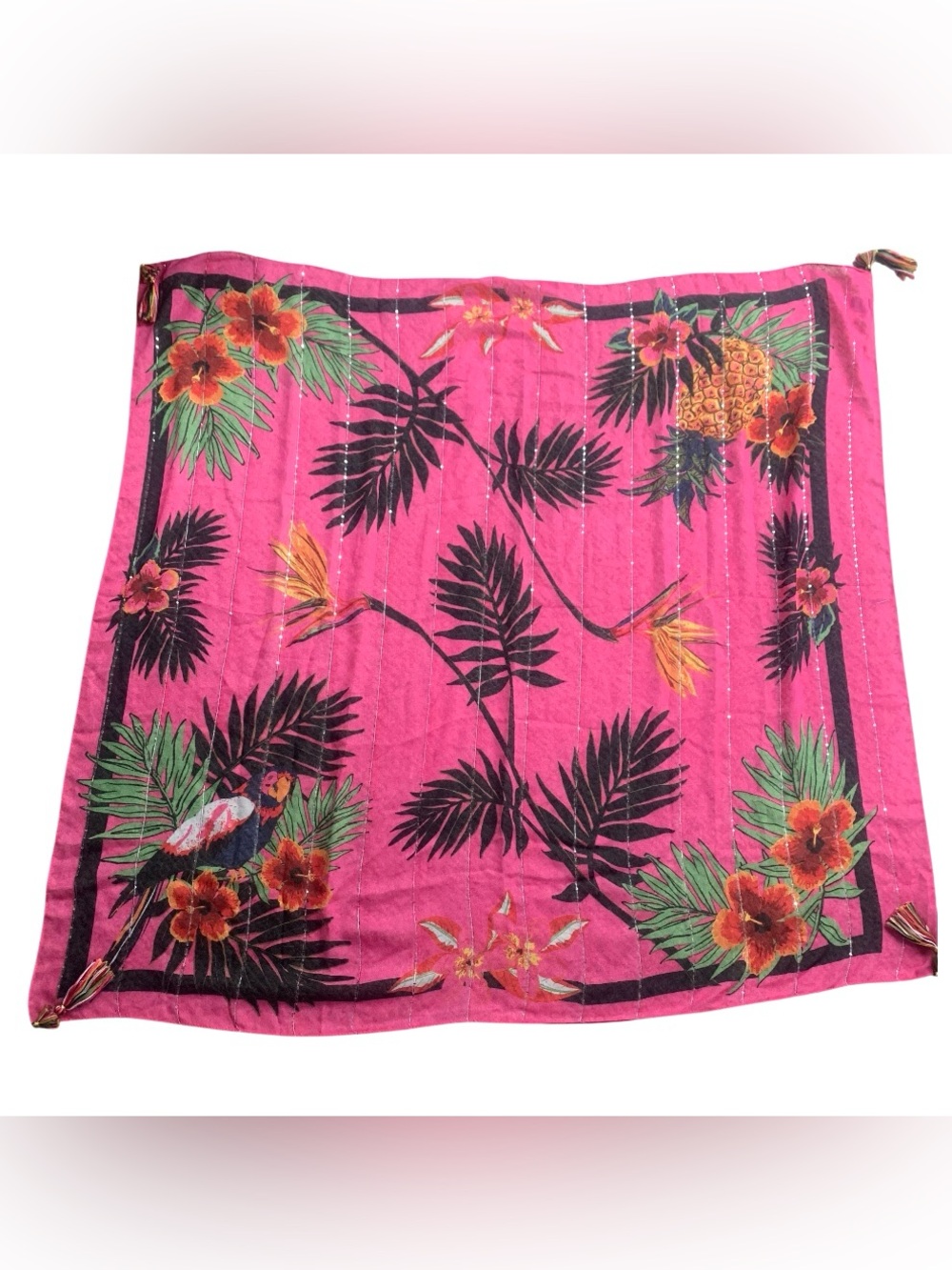 Cejon Pink Hawaiian Print 44” Square Scarf Shawl w Hibiscus Bird Pinapple Print